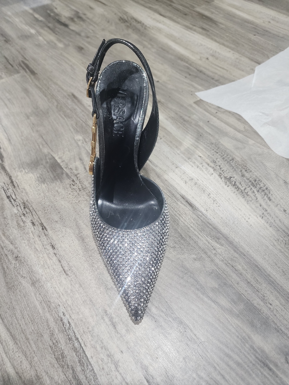 Versace Black Leather Slingback Pump with Silver Crystal Toe